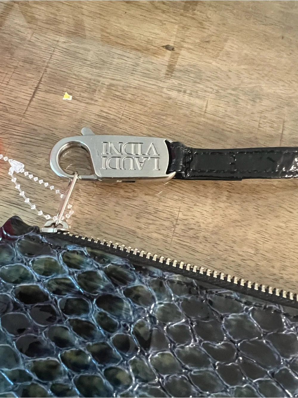 Custom wristlet purse by Laudi Vidni, Black Patent & Iridescent Snake-Print